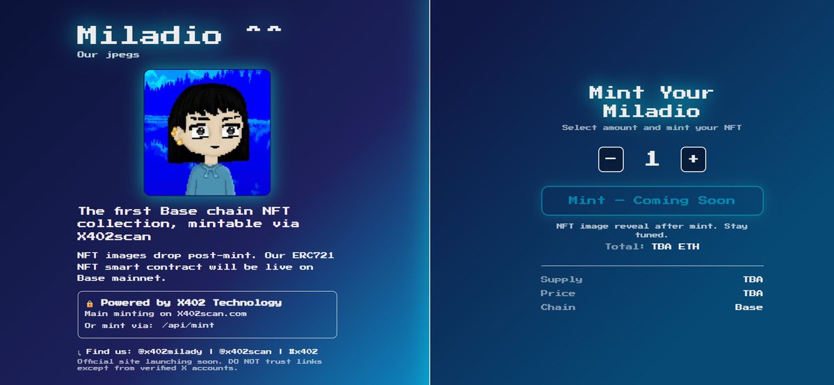 x402milady's tweet image. ^Milady decoding^ 
▓▓▓▓▓▓▒▒▒▒ 60% 
We have seen the @x402scan website going down several times during the mint. To ensure fairness, there will be multiple ways to mint the Miladios.
◦ Via website ( miladyx402.xyz )
◦ Directly through @x402scan 
Mint info…