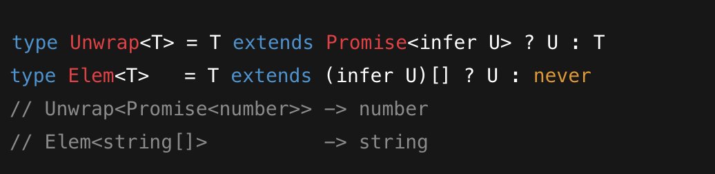 hadoanx's tweet image. TypeScript tip: infer lets you peek inside a type (in conditional types).