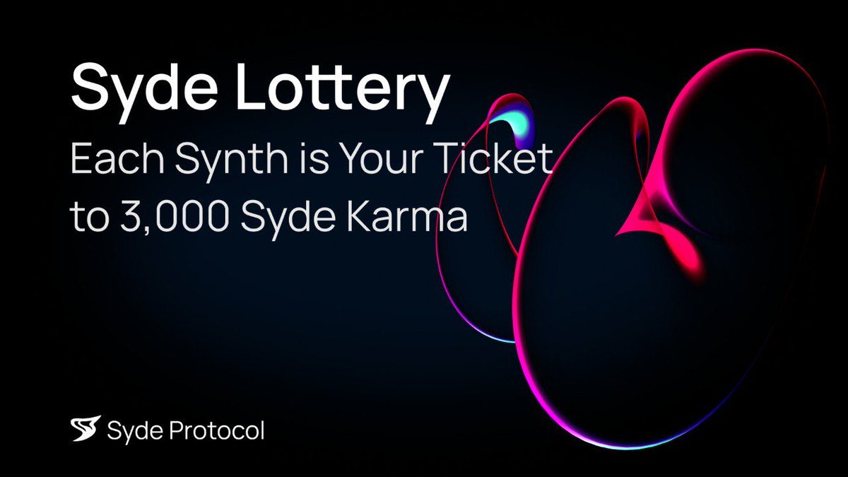 Syde Lottery 🎟️ is live!
Each synth = 1 chance to win 3,000 Syde Karma 💎

Mint new synths, explore Syde Protocol &amp; drop your synth screenshots in the comments or t.me/sydefi_communi… 🚀

👉 Mint now: t.me/sydefi_bot