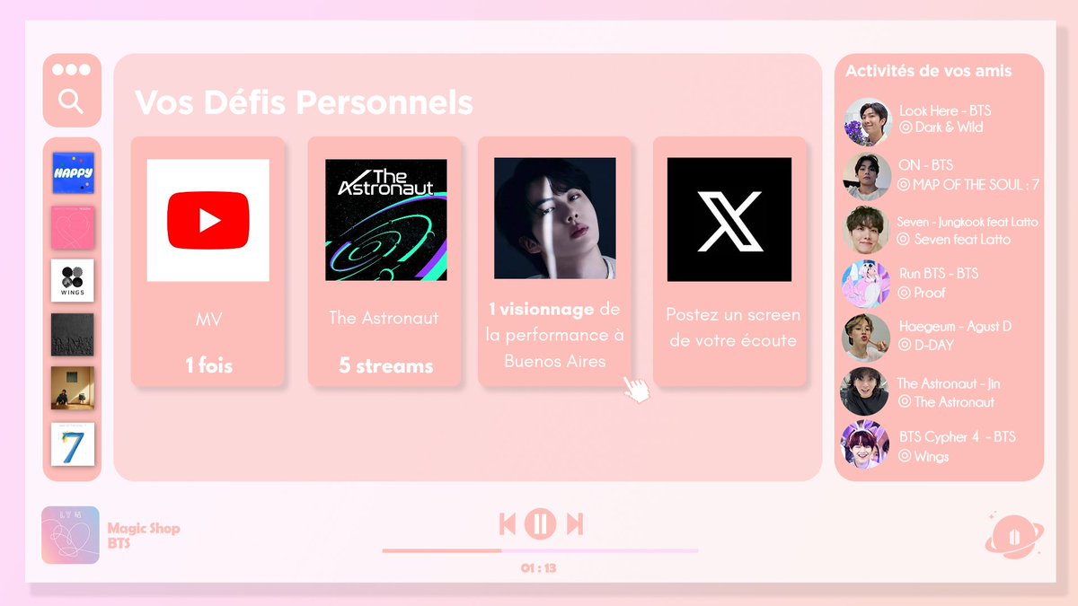 ARMYFRANCE_'s tweet image. [@BTS_twt x #ChallengeYourself]

Après Mono c’est au tour de la chanson "The Astronaut" de Jin de fêter ses 3 ans !

Qui dit anniversaire dit petit défi pour vous ARMYs ! Allez-vous les relever ? 👀

Vous pouvez écouter sur la plateforme de streaming de votre choix !