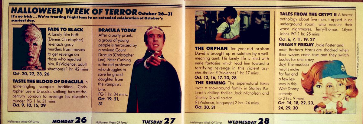 ClassicHBOGuide's tweet image. Starting today on The Movie Channel in 1981 - the #Halloween week of terror….something for everyone: FADE TO BLACK or THE SHINING, FREAKY FRIDAY or DRACULA TODAY! #Dracula #Vampire #Halloweentime #halloween2025 #mummy