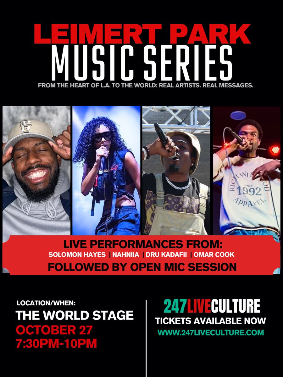 247LC's tweet photo. The 8th Leimert Park Music Series returns to The World Stage with soulful singing, powerful rap, and an open mic session celebrating Black artistry and community connection!

Tickets available on https://t.co/taovICC7xB 🎟️ Join Our Community 🎤

#leimertpark #leimertparkmusicseries #losangeles #laevents #losangelesmusic