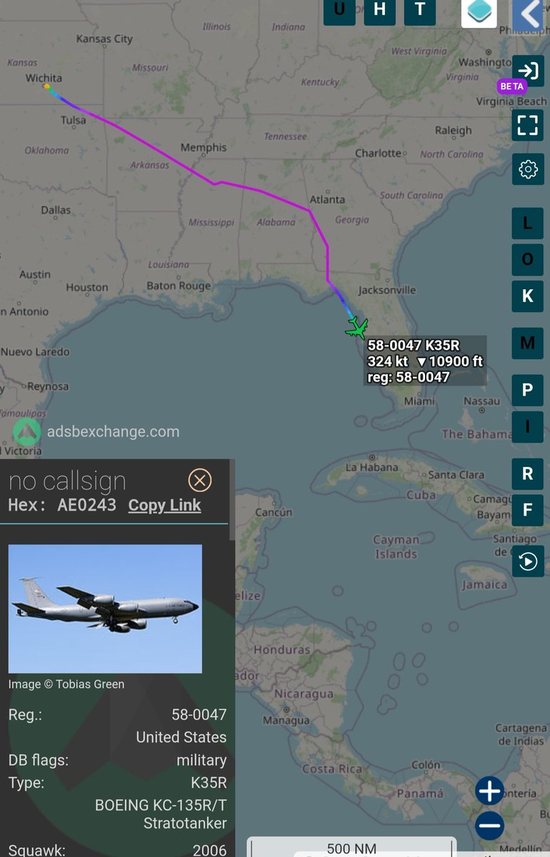 sipjack1776's tweet photo. KC-135R 2x
Out of March ARB landing at MacDill
#AE0360/58-0094
#AE0154/63-8045
At 18:20 UTC, KC-135R out of McConnell also landed at MacDill AFB.
#AE0243/58-0047
@Borrowed7Time @SA_Defensa @Arr3ch0 @LatAmMilMVMTs https://t.co/SVrTRlMnwG