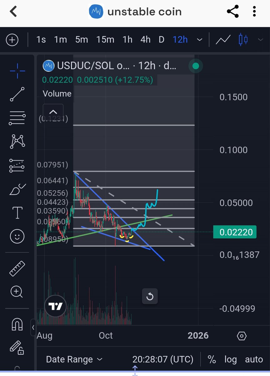 This is the last entry on the next runner to 100's of millions $usduc:
80M ath to bellow 20 the coin is really undervalued. 
The 3 yellow marks show an inverse h&amp;s.
Falling wedge getting tigther every day and WHEN it breaks out it will start a massive run like always 
Unstablio