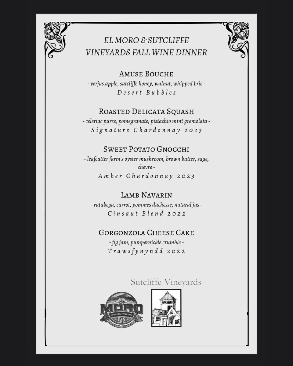 Our Fall Wine Dinner with Sutcliffe Vineyards is almost here! 🍷 Join us Nov 2 for 5 courses + 5 wines celebrating Colorado flavor. Seats are nearly gone — reserve now:
📧 carmen@elmorotavern.com