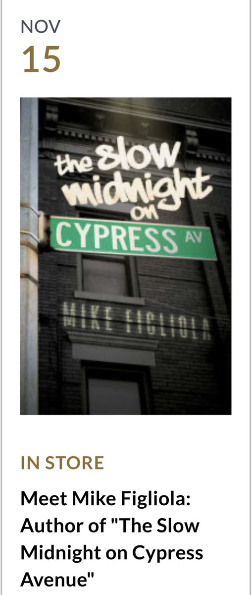 Come meet <a href="/MikeFigs/">Mike Figliola</a> <a href="/BNMassapequa/">Barnes & Noble Massapequa</a> Nov 15th at 2pm. He’ll discuss his book The Slow Midnight On Cypress Avenue (<a href="/PermutedPress/">permutedpress</a>)! Hope to see you there! stores.barnesandnoble.com/event/97800621…
#fictionbooks #WritingCommunity #readingcommunity #longisland #theslowmidnightoncypressavenue