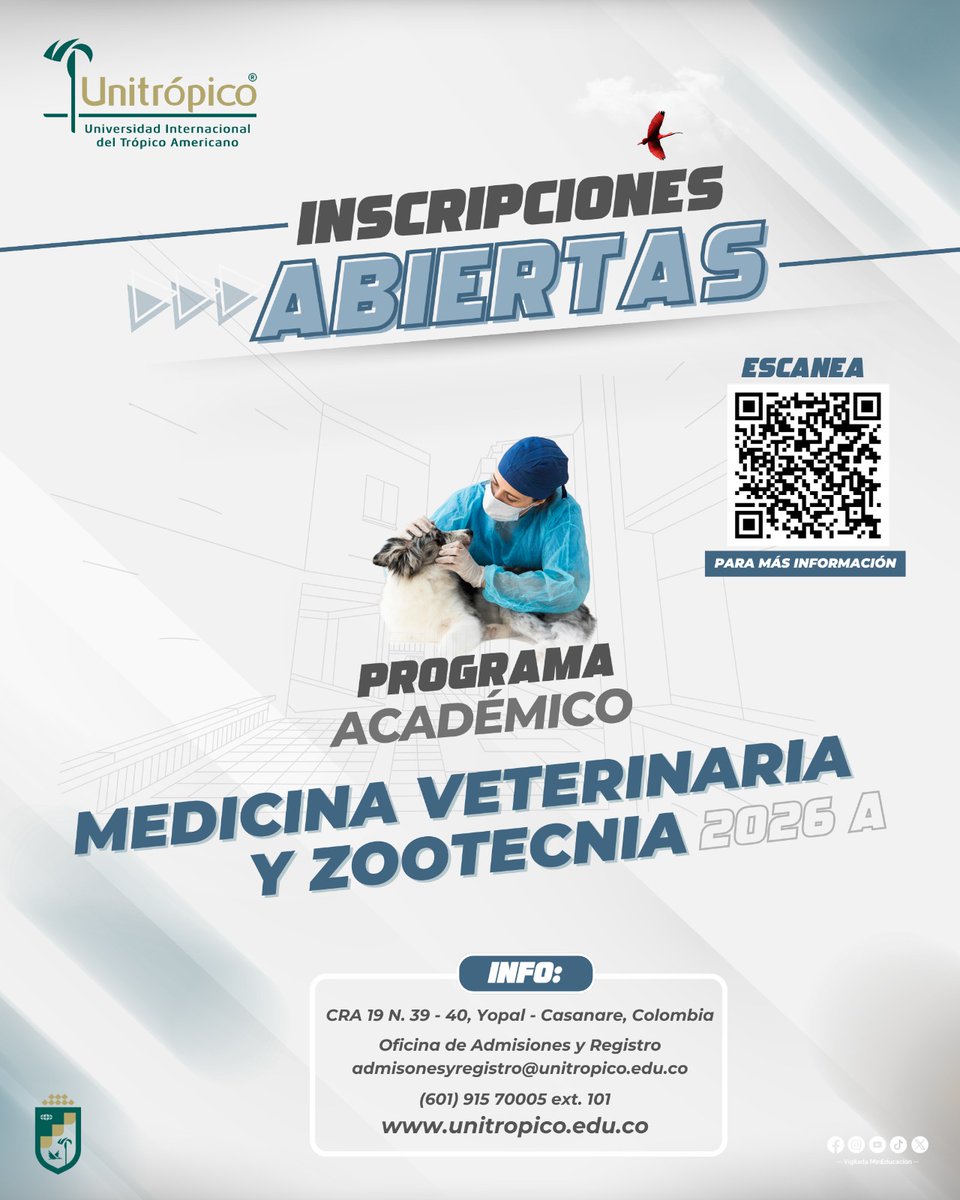 ¿Te apasionan los animales? 🐾 ¡Estudia Medicina Veterinaria y Zootecnia en Unitrópico! Desarrolla habilidades en cuidado animal, salud pública y producción pecuaria.

📚 ¡Inscripciones abiertas! tinyurl.com/4nf7vhkb