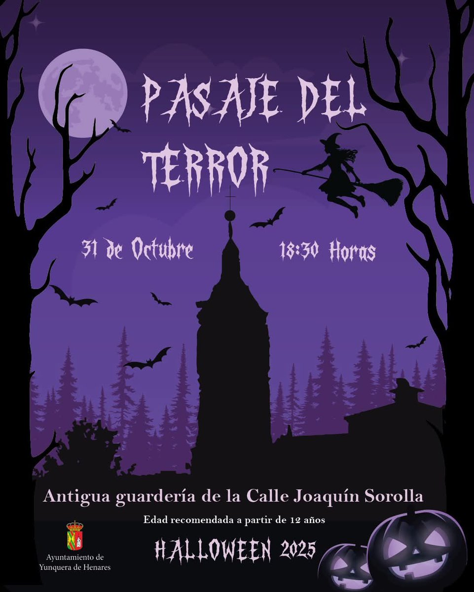 🎃 Llega a Yunquera de Henares el "Pasaje del Terror" #Halloween2025.

👉 El 𝟯𝟭 𝗱𝗲 𝗼𝗰𝘁𝘂𝗯𝗿𝗲 𝗮 𝗹𝗮𝘀 𝟭𝟴:𝟯𝟬 𝗵, en la antigua guardería de la calle Joaquín Sorolla de Yunquera de Henares se llena de sustos.

👉 𝗘𝗱𝗮𝗱 𝗿𝗲𝗰𝗼𝗺𝗲𝗻𝗱𝗮𝗱𝗮: +12 años