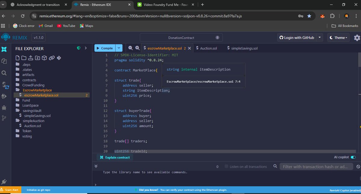 chiinaza0x5's tweet image. Day 20  of #Blockchaindevelopment at @WIB_Africa 
Worked on  a decentralized escrow contract 👩🏽💻
Funds stay locked till both buyer & seller agree — or an arbitrator steps in ⚖️
Still gotta add the DAO for dispute resolution 👀
The idea 👇