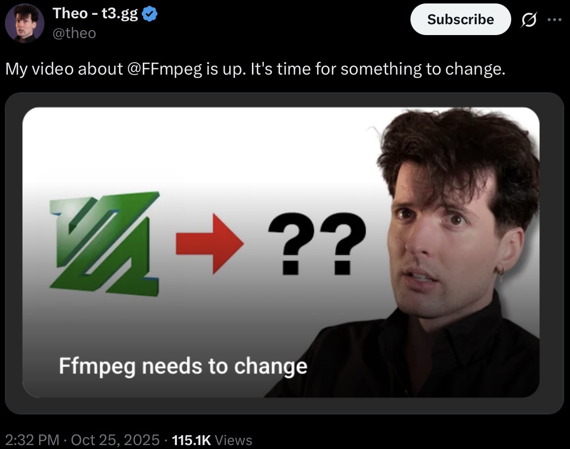 LundukeJournal's tweet image. A YouTuber named @Theo is demanding that the @FFmpeg project (the open source video encoding tool used across the computer world) kick out a contributor (the person running their X account) — and has offered a $20,000 bounty to FFmpeg if they give in to @Theo’s demands.
Theo,…