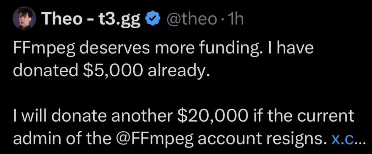 LundukeJournal's tweet image. A YouTuber named @Theo is demanding that the @FFmpeg project (the open source video encoding tool used across the computer world) kick out a contributor (the person running their X account) — and has offered a $20,000 bounty to FFmpeg if they give in to @Theo’s demands.
Theo,…