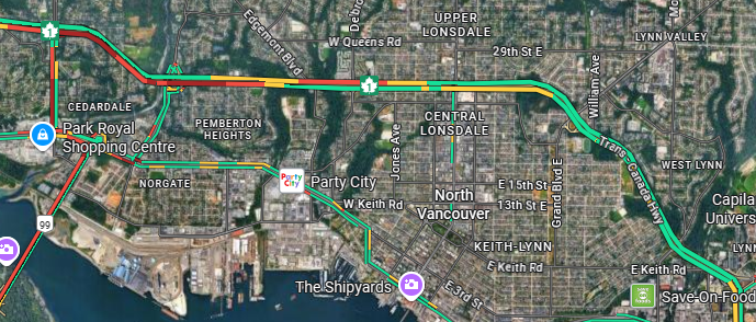 NewsRadioVAN's tweet photo. Flooding reported on the Upper Levels, EB both lanes WB the left lane west of Taylor Way to Westview. Drive with caution! #NorthVanBC #WestVanBC https://t.co/YPf9hdQb39