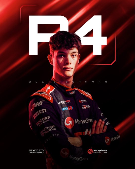 First image shows Lando Norris in McLaren Formula 1 Team orange racing suit with sponsor logos including Google, OKX, and Richard Mille, standing confidently with arms crossed, text overlay Winner and Formula 1 Gran Premio de la Ciudad de Mexico 2025 at bottom. Second image depicts Ollie Bearman in red Haas F1 Team racing suit with sponsor patches like MoneyGram, Pirelli, and Santander, posing with arms crossed against a red background, text overlay P4 and Mexico City at bottom.