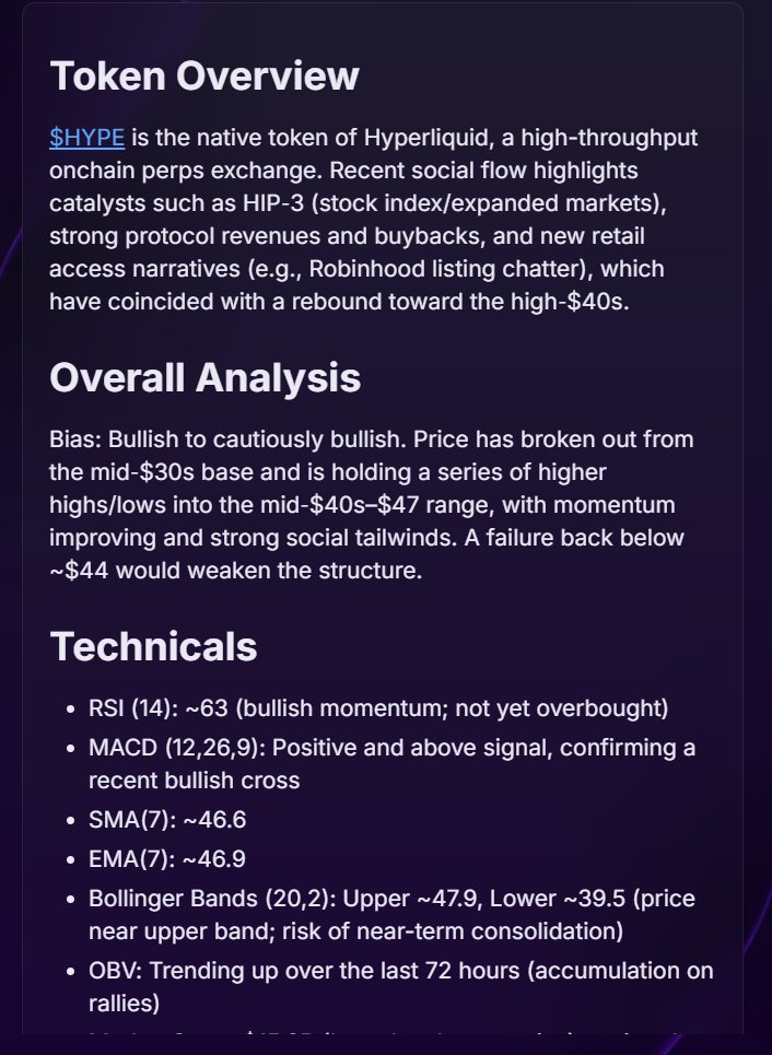 tuslaw_x0x's tweet image. Decided to give a try by opening a long based on @Velvet_Capital AI Technical Analysis.

Pay attention that it told me with precise that the range would be $40s - $47 for $HYPE so after a few confirmations i took a long at $41 and currently sitting at +152% profit.

It literally…