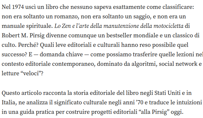 poderico's tweet image. Lo Zen, la motocicletta e il mercato: come il caso editoriale di Robert Pirsig insegna a pubblicare oggi 

medium.com/p/lo-zen-la-mo…
