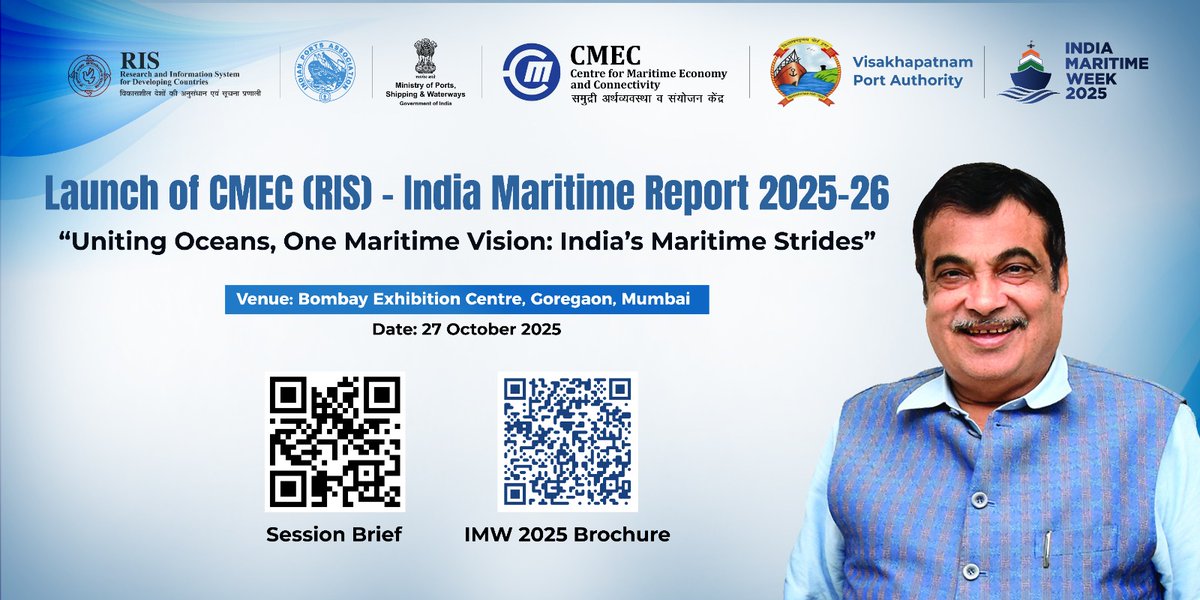 We are pleased to announce the launch of the <a href="/cmec_ris/">Centre for Maritime Economy and Connectivity</a> India Maritime Report 2025–26, titled “Uniting Oceans, One Maritime Vision: India’s Maritime Strides.”

We are especially honoured that Shri Nitin Gadkari, Hon’ble Minister of Road Transport &amp; Highways, will grace the