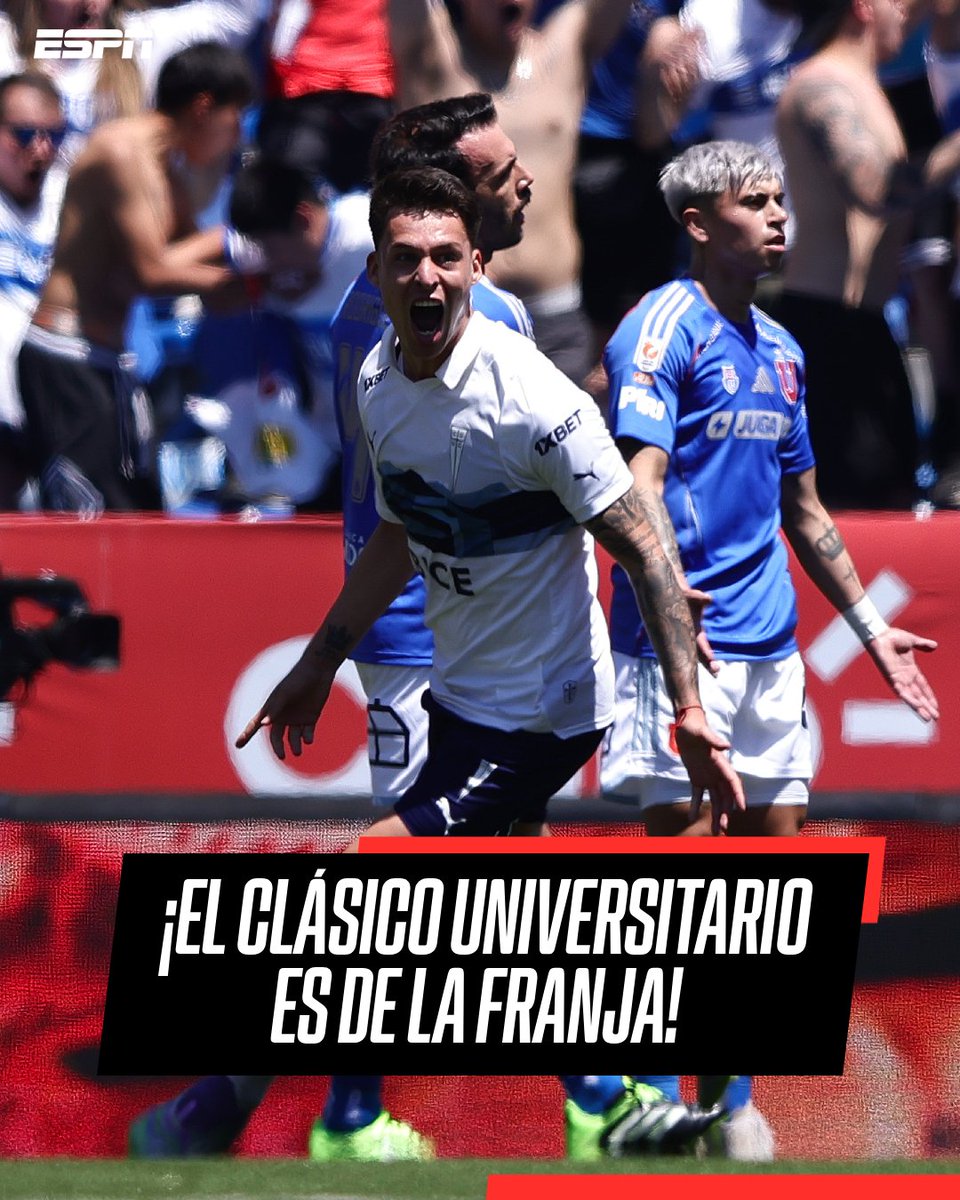 ESPNChile's tweet photo. ¡LA UC SE HIZO FUERTE EN CASA! ⚪️🔵⚽️

Universidad Católica derrotó por 1-0 a Universidad de Chile en la edición 201 del Clásico Universitario. Alfred Canales anotó el único gol de la victoria cruzada, con el que el equipo de Daniel Garnero alcanzó los 48 puntos en la tabla. https://t.co/sh7kL9fNjS