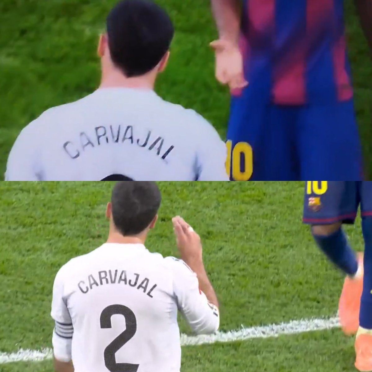 Juezcentral's tweet image. Termina el clásico. Carvajal va a saludar a Yamal pero le hace el gesto de "hablas demasiado". 

En entrevista entre semana con Ibai, Lamine había dicho que el Real Madrid sólo robaba y sólo se quejaba. Y había dado entender que jugar en el Bernabéu era fácil para él.

Carvajal,…