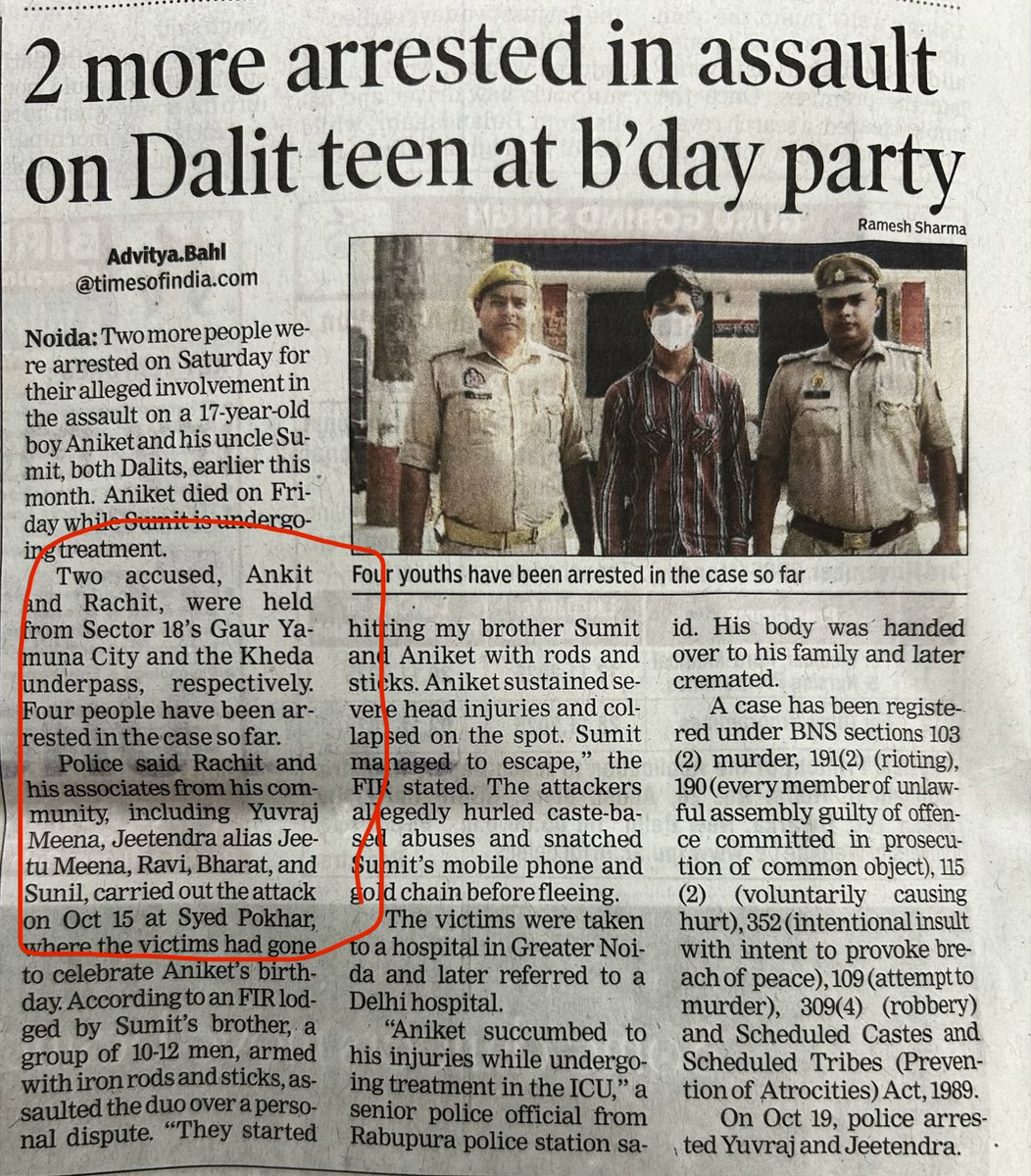 CPism's tweet image. हेडलाइन बता रही है कि नोएडा में दो दलितों को पीटा गया। सारे आरोपी मीणा हैं। खबर अंदर कौन पढ़ता है? इसे दिखाकर नैरेटिव बनाया जाएगा कि अगड़ी जाति वाले अनुसूचित जाति और जनजातियों पर अत्याचार कर रहे हैं।
@timesofindia और @vineetjaintimes का कुछ कीजिए @myogiadityanath जी
#Dalit