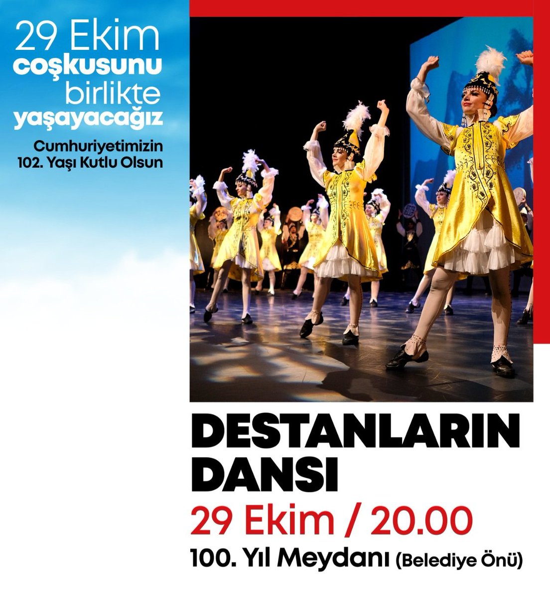 Binlerce yıllık tarihimizi ve kültürümüzü müzik, dans ve tiyatro gibi gösteri sanatlarının en etkili metotlarıyla izleyiciyle buluşturan "Destanların Dansı" adlı gösteri ile 29 Ekim Cumhuriyet Bayramını Çanakkale 100. Yıl Meydanında coşkuyla kutluyoruz. Tüm halkımız davetlidir...