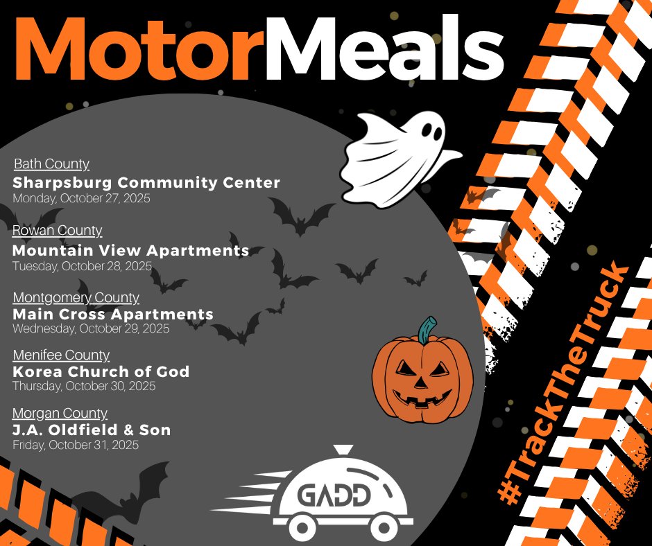 🎃 Halloween is near, seniors! 👻
Our team is rolling out hot meals across all Gateway counties this week, so be sure to #TrackTheTruck to see when #MotorMeals will be visiting your community!
Time: 11:00 AM – 12:00 PM
Eligibility: Must be 60 years of age or older to participate