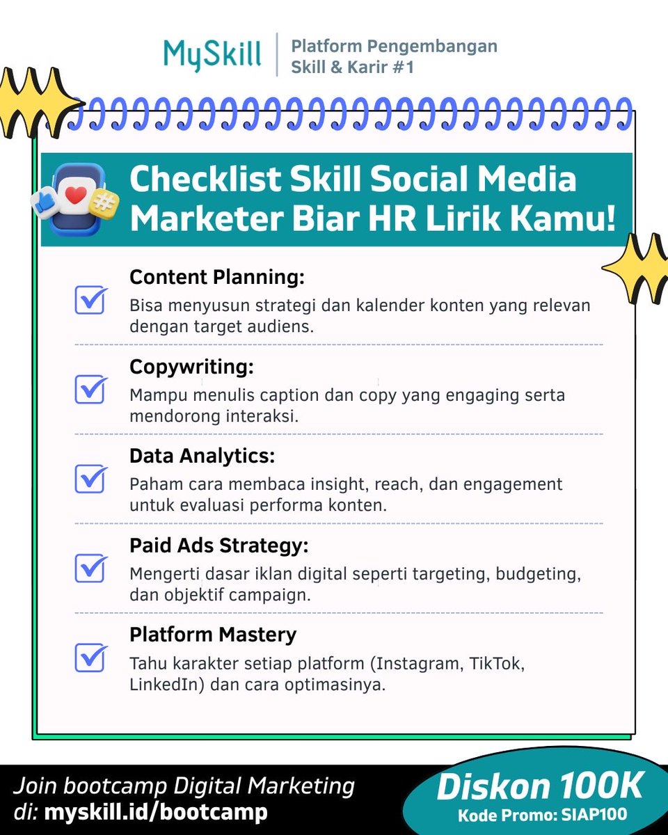 myskill_id's tweet image. Skill-skill yang bikin kamu dilirik HR! Kamu punya skill-nya nggak nih, Bestie! 🥰

Yuk, join bootcamp Digital Marketing buat belajar Social Media bareng mentor expert.🥳

Daftar sekarang pake kode promo SIAP100 di:
📍myskill.id/bootcamp