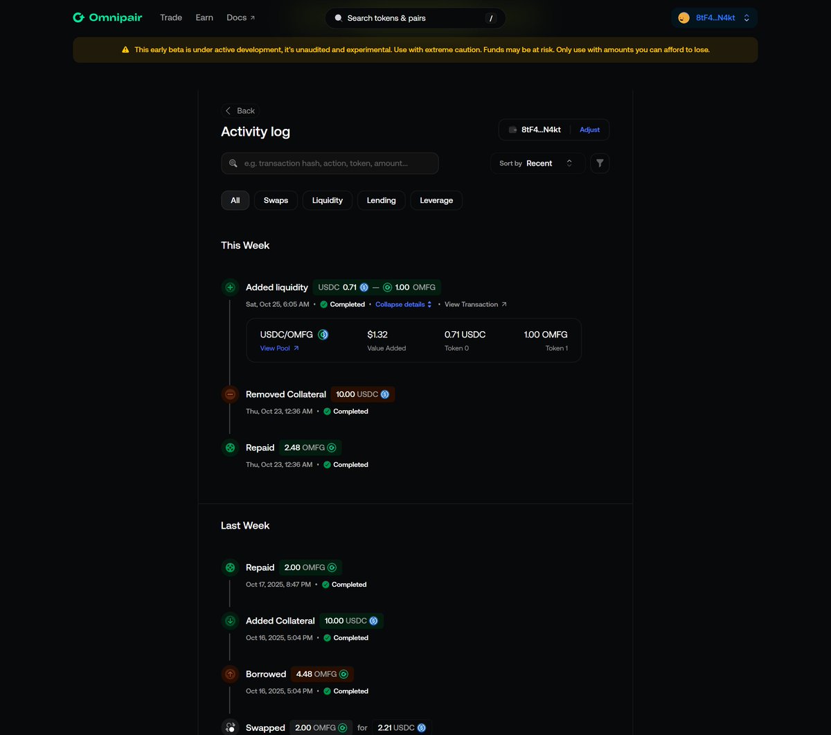 omnipair's tweet image. Gm, 
We’ve added a user Activity Log to the beta app, you can now view your (or any user’s) historical activity, including swaps, lending, and liquidity actions.
This feature was requested by LPs to help track their activity and earnings.
Access beta here:…