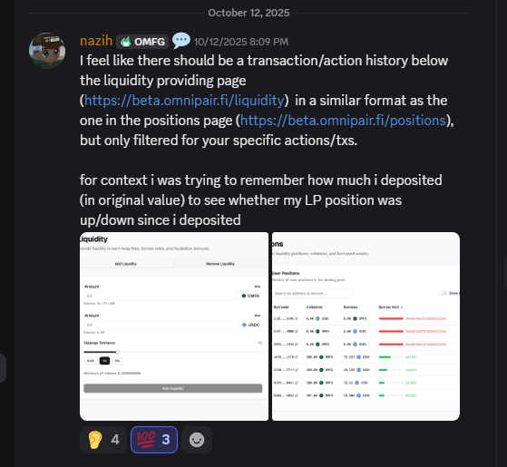 omnipair's tweet image. Gm, 
We’ve added a user Activity Log to the beta app, you can now view your (or any user’s) historical activity, including swaps, lending, and liquidity actions.
This feature was requested by LPs to help track their activity and earnings.
Access beta here:…