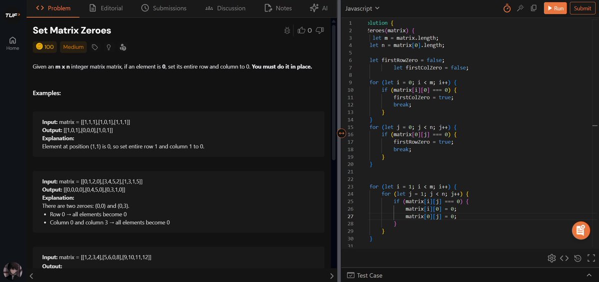 devression5's tweet image. Day 23/100 🚀
DSA: Alt ± array, Next Perm, Leaders, Longest Seq, Set Zeros, Rotate 90°, Spiral Print, Count Subarrays 💻
React: Revised Redux Flow — useSelector, useDispatch, store, slice, actions ⚛️
#100DaysOfCode #Day23 #TUFWinterArc
