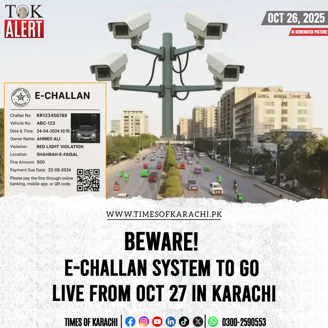 Motorists in Karachi should brace for a new era of automated traffic  enforcement as the e-challan system will go live from tomorrow in the city.  Details: https://t.co/NflSGXEWY7 #TOKAlert #Karachi #EChallan, image size:1080x1080