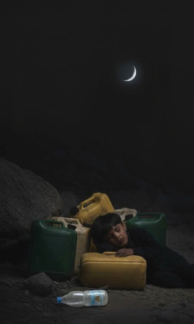 ليست قسوة الحرمان.. بل قسوة أن يغفو طفل في هذا الظلام.. وحوله بقايا رحلة مرهقة للحصول على الماء.
#كشر_تستغيث
#انقذوا_كشر
#الماء_حق_للجميع