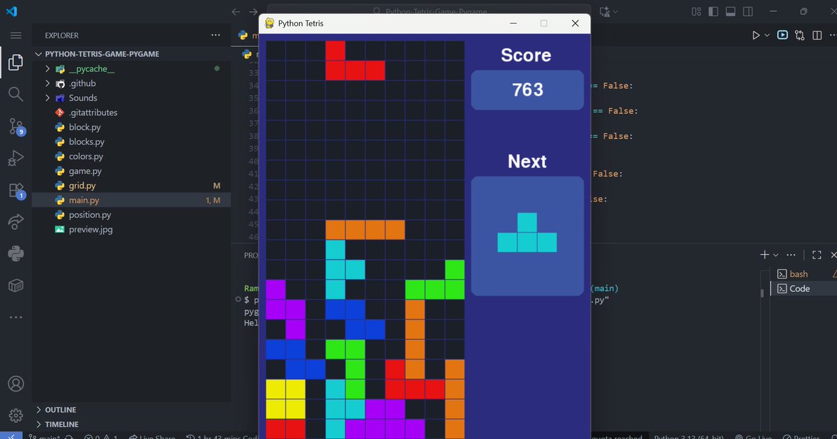 Nik_rai_'s tweet image. What began as a simple experiment became a full night of debugging rotations, scoring logic, and collision detection.
Now it’s fully functional with a clean UI, next block preview, and live score tracking.
#Python #GameDev #Pygame #BuildInPublic #100DaysOfCode
