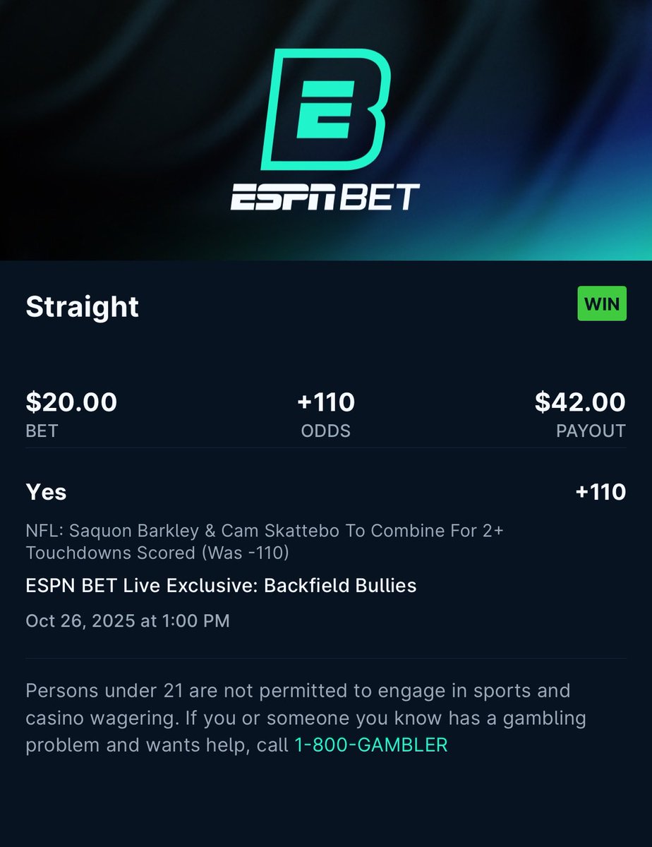 Winner Winner!!! Thank you <a href="/ESPNBET/">ESPN BET</a> for the pregame reminder on this one!!