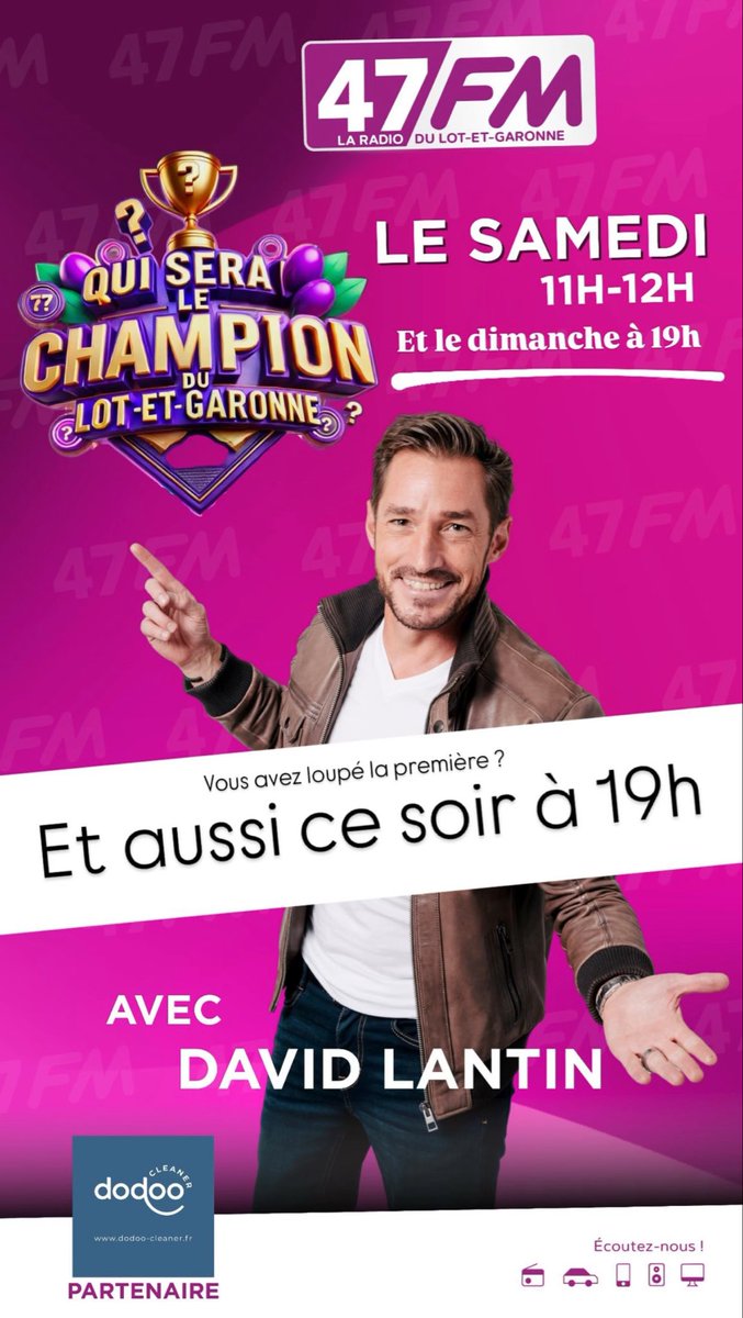“QUI SERA LE CHAMPION DU LOT &amp; GARONNE ? sur 47FM : c est aussi tous les dimanches à 19H ! 

👉🏻 Pour écouter partout en France : 47fm.net ou “Dis Alexa/Dis Siri met 47Fm !” 😉