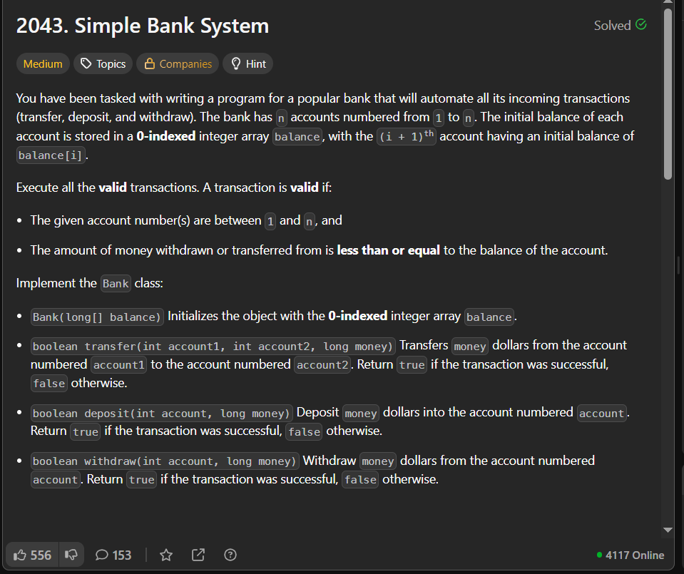 janisuppi's tweet image. Today's #Leetcode POD -&gt;
Simple Bank System