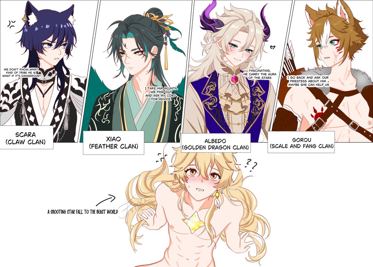 Beast World AU 🐾✨
1/??
Tribes and Clans lived in harmony together, but something strange fall from the sky and changed they life.
#Genshinlmpact #原神 #scaramouche #wanderer #Xiao #Aether #Albedo #GOROU