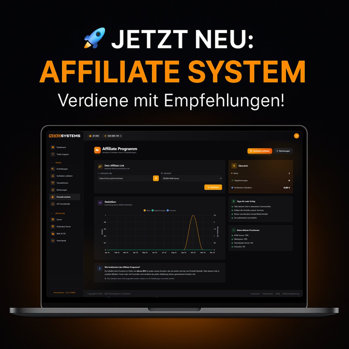 🚀 Unser Affiliate-System ist jetzt live!

Verdient jetzt Guthaben, indem ihr uns weiterempfehlt, mit eurem eigenen Link, Live-Statistiken und bis zu 10% Provision pro Sale.

Einfach anmelden, Link teilen und kassieren. Easy money. 💸

#nexosystems #affiliate #angebote #sale