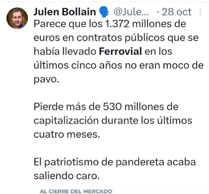 DavidGalanBolsa's tweet image. 😳Está semana se cumplen 2 años de los tuits propaganda sobre Ferrovial
🤔¿Alguien me explica por qué Julen Bollain a pesar del éxito de su tuit viral de lo mal que le sentó a Ferrovial irse a Holanda &quot;perdiendo 529 millones&quot;,no hace otro actualizado?
Lleva +99% de subida👇