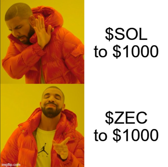 드레이크 밈이 SOL을 $1000으로 거부하고 ZEC을 $1000으로 승인