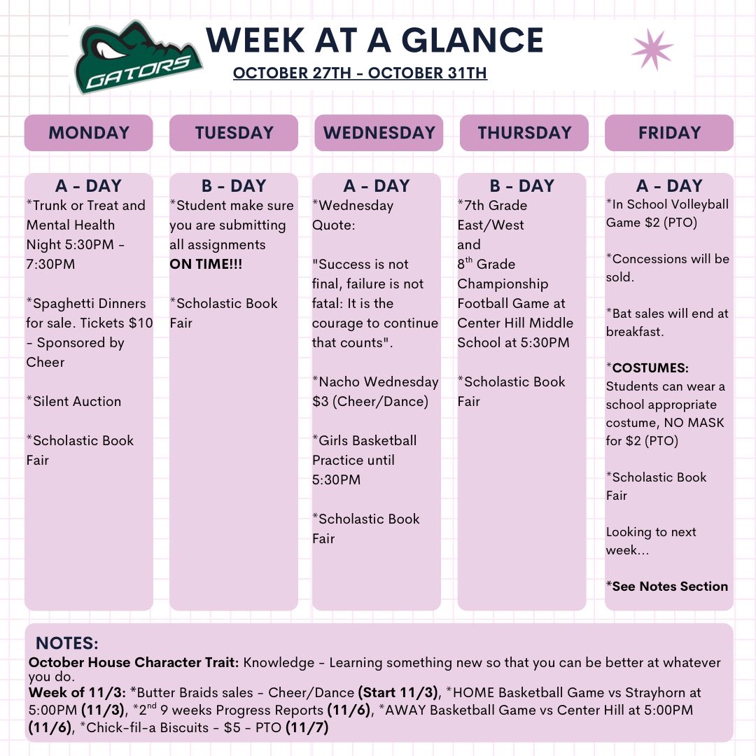 Happy Sunday!

Here’s what’s happening at LCMS this week! (October 27th - October 31st). 

#OneGatorNation #TheSwamp #LCMS #TeamDCS