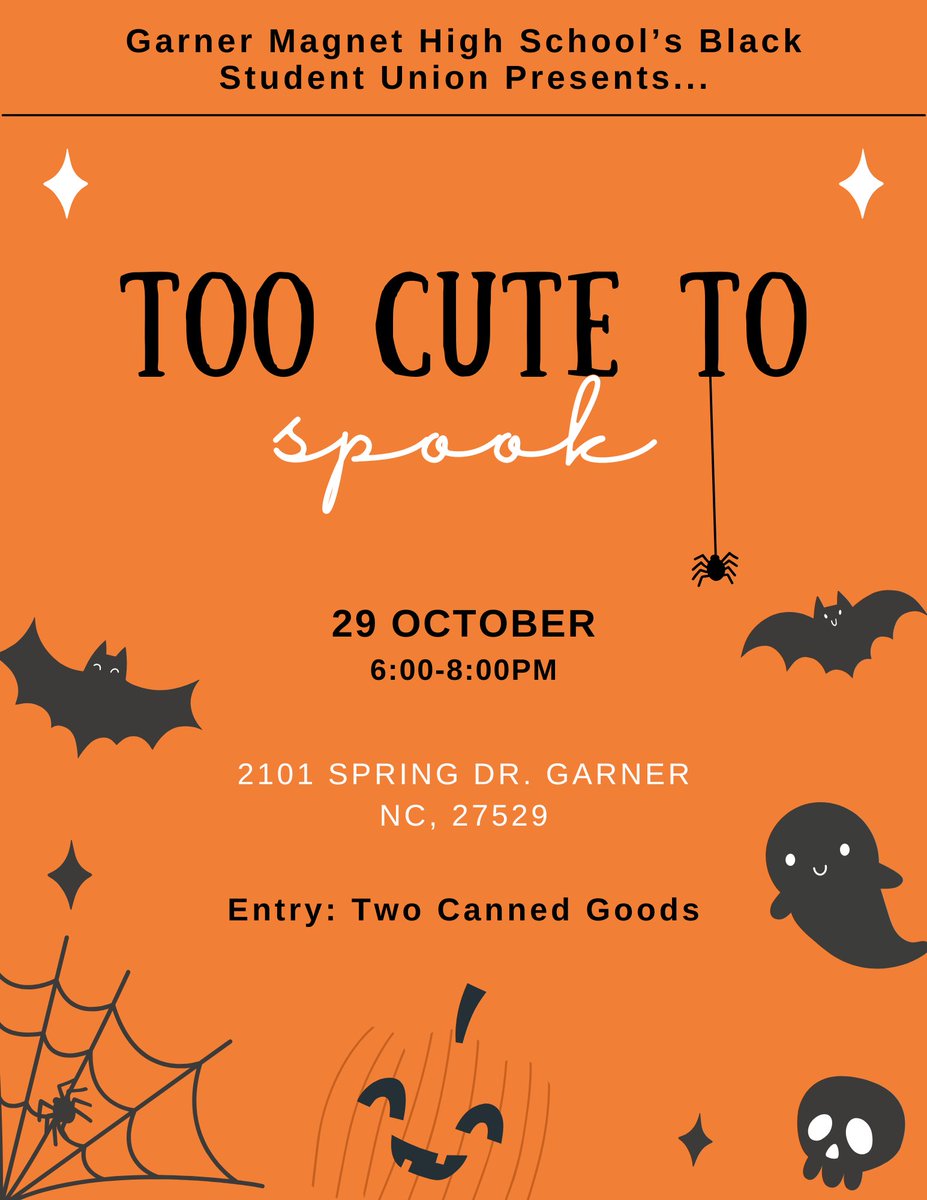 Taking place at Garner Magnet High School on October 29th from 6-8 pm.   This event will:
- Provide a fun, safe environment for local children to celebrate Halloween (they can come in their costumes)
- Collect canned goods to support the Community of Hope Food Pantry