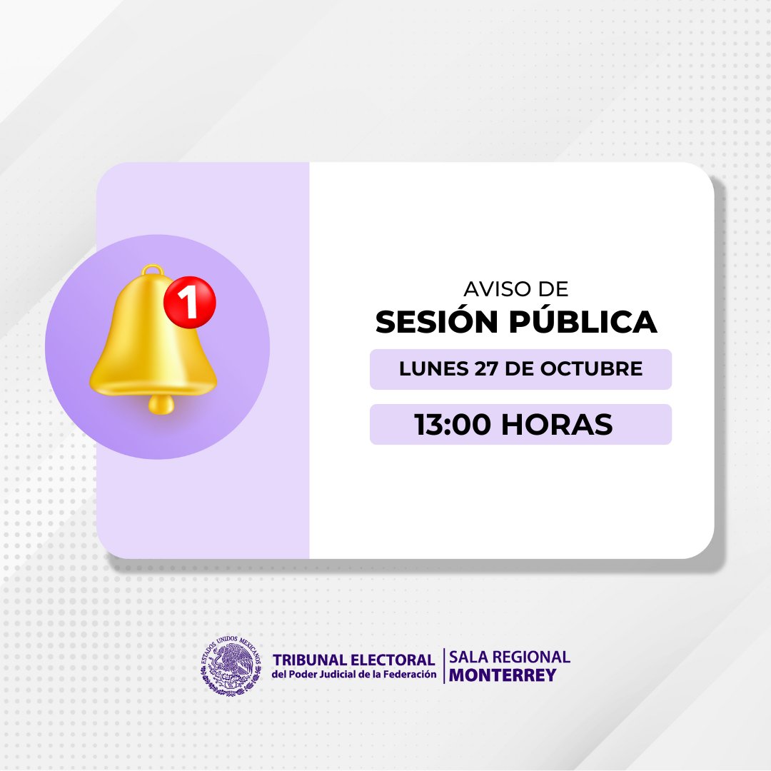 Agenda la transmisión en vivo de la Sesión Pública de esta Sala Regional programada para el día:  
🗓️ Lunes 27 de Octubre 
⏰ 13:00 hrs
🔗 te.gob.mx/front3/publicS…