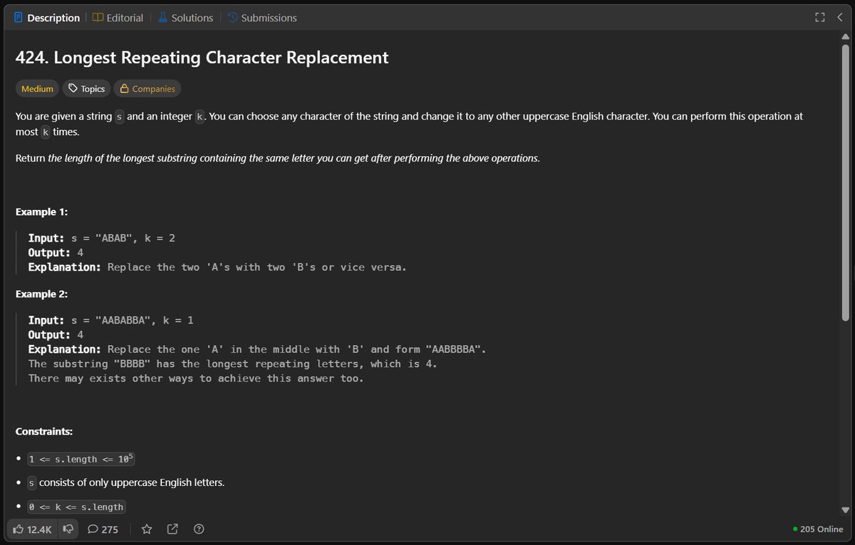 Shubhampateldev's tweet image. Day 36/365 – #365DaysOfLeetCodeChallenge
 LeetCode #424 – Longest Repeating Character Replacement
Sliding window + frequency tracking 🔄
Keep expanding till replacements &amp;gt; k, then shrink.
Maximize the valid window length 

#leetcode #java #coding #DSA