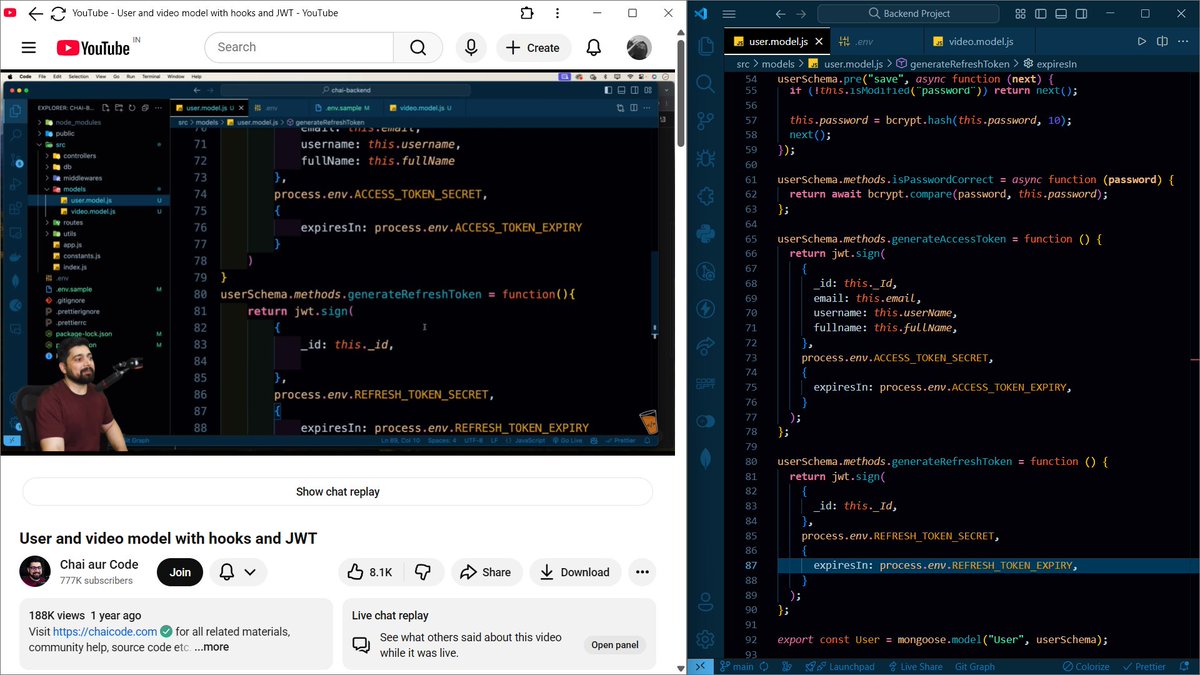 codeXninjaDev's tweet image. Day 10 of #BackendNinjaChallenge by @ChaiCodeHQ @Hiteshdotcom 
Created User & Video schemas with relational refs, added password hashing using bcrypt & JWT access/refresh tokens for auth.
Also used mongoose-aggregate-paginate-v2 for video pagination and stored secrets in .env.