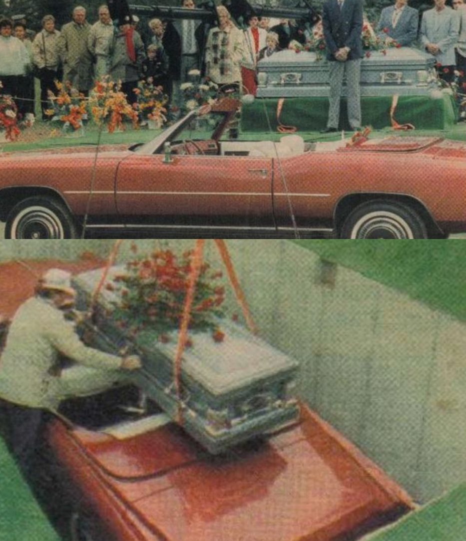 Aurora Schuck of Aurora, Indiana, passed away in 1989 at age 62. She had long wished to be buried with her beloved 1976 red Cadillac Eldorado convertible. 

To honor her request, her husband Raymond bought 14 adjoining plots at Riverview Cemetery and had a custom concrete vault