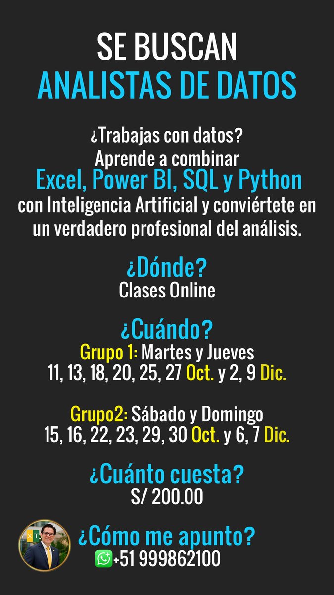 ExpositoresTop's tweet photo. 🚀 ¿Trabajas con datos o quieres aprender a analizarlos?
Deja que la Inteligencia Artificial trabaje por ti.
Aprende a dominar Excel, Power BI, SQL y Python para automatizar tareas y analizar como un verdadero profesional. https://t.co/ud26Fch6g0