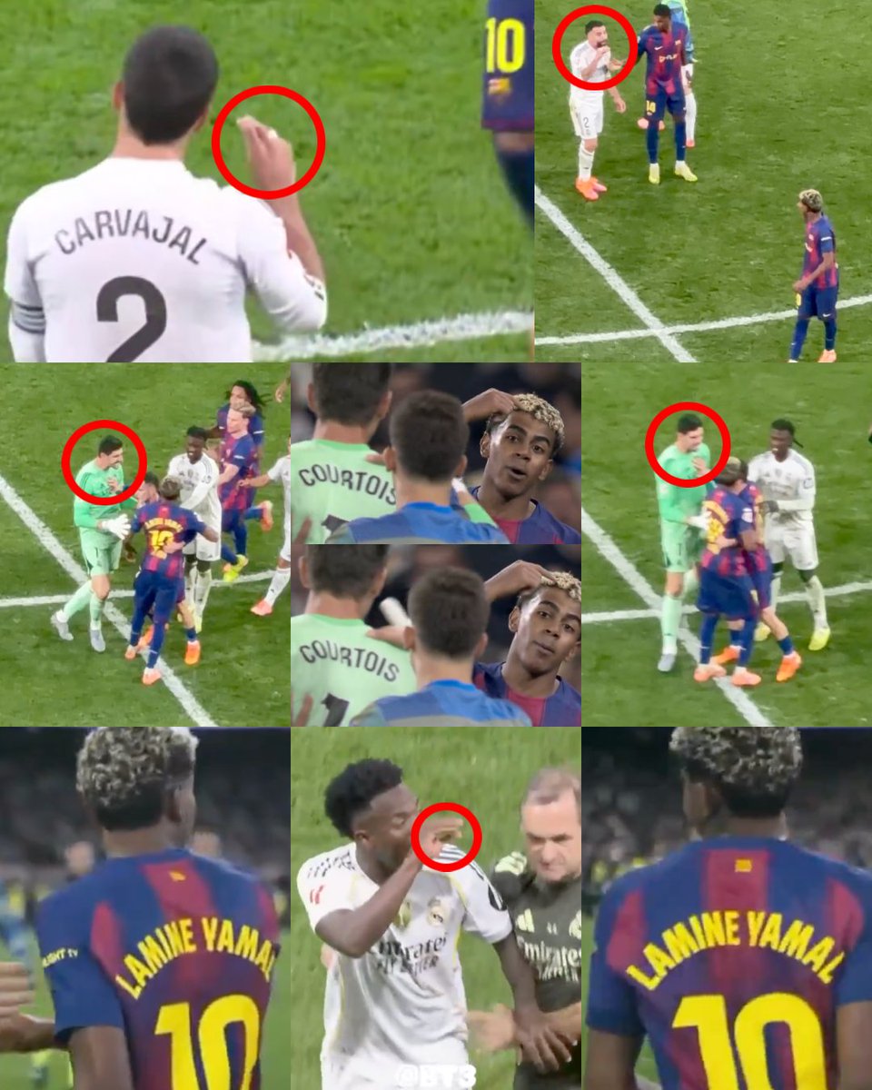 InvictosSomos's tweet photo. ¡¡EL MADRIDISMO CONTRA LAMINE YAMAL!! En la previa del partido, Lamine Yamal encendió El Clásico con una historia (subió una foto del día que marcó en el Bernabéu) y unas declaraciones en un programa de la Kings League. El 10 del FC Barcelona quiso recordar que ya había marcado en La Casa Blanca, tocó el tema arbitral y también mencionó que, la última vez que había visitado suelo madridista, su equipo ganó 0-4. Hoy le tocó perder y le costó involucrarse en el juego. Y tras el silbatazo final, varios referentes del Real Madrid fueron directo a decirle que HABLA MUCHO. Dani Carvajal, Thibaut Courtois y Vinicius Júnior no dudaron en ir a buscar al chico de 18 años de edad.