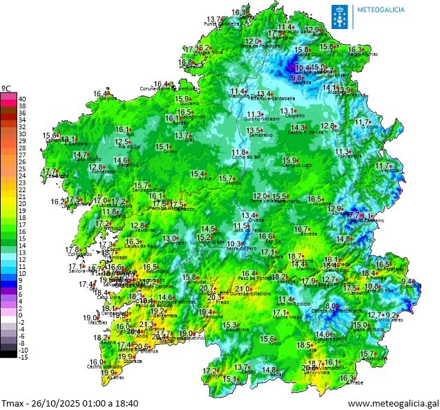 MeteoGalicia's tweet photo. Este é o mapa das máximas rexistradas hoxe en #Galicia. Varias localidades superando os 20ºC como #AGranxa #Ponteareas ou # Ourense, contrastando coas estacións meteorolóxicas de zonas altas que non chegaron nin ós 10ºC: #Xares #AVeiga ou #Lardeira #CarballedaDeValdeorras https://t.co/mp1oYc1D2n