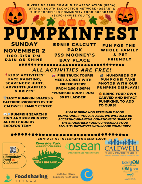 🎃 #Pumpkinfest alert! 🎃

Nov 2 | 1–3:30PM | Ernie Calcutt Park 🍂

🎨 Kids’ games &amp; face painting
🚒 Fire truck tours (2–3PM)
🎃 50-ft pumpkin drop
☕ Pumpkin snacks &amp; drinks

FREE &amp; pet friendly — don’t miss it!

Ernie Calcutt Park - 759 Mooney’s Bay Place