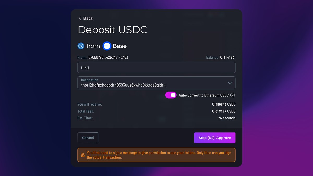 The USDC deposit modal just got an upgrade!

You can now easily deposit USDC from Base, BNB, and Avalanche, and it will automatically convert to Ethereum USDC, Rujira’s default, unless you opt out.

Got feedback? We’d love to hear how we can make onboarding even smoother!